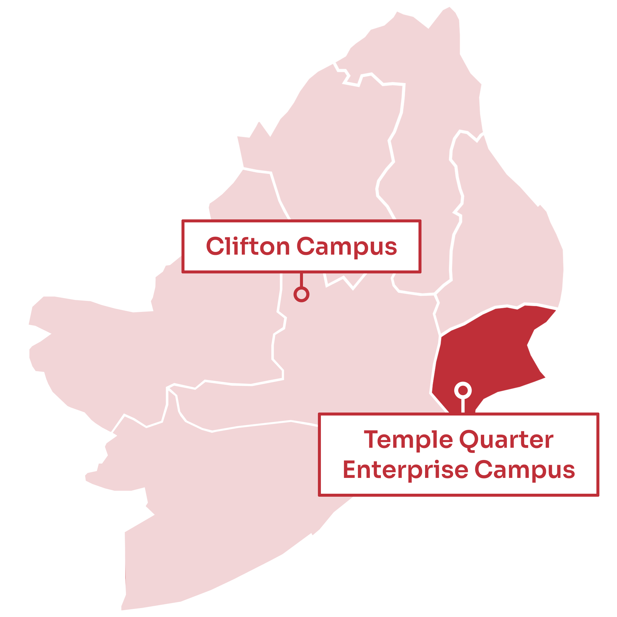 A map of Bristol with the Temple Quarter and Redcliffe areas highlighted to the south east. Clifton Campus is to the north west of the highlighted area. Temple Quarter Enterprise Campus is in the highlighted area.